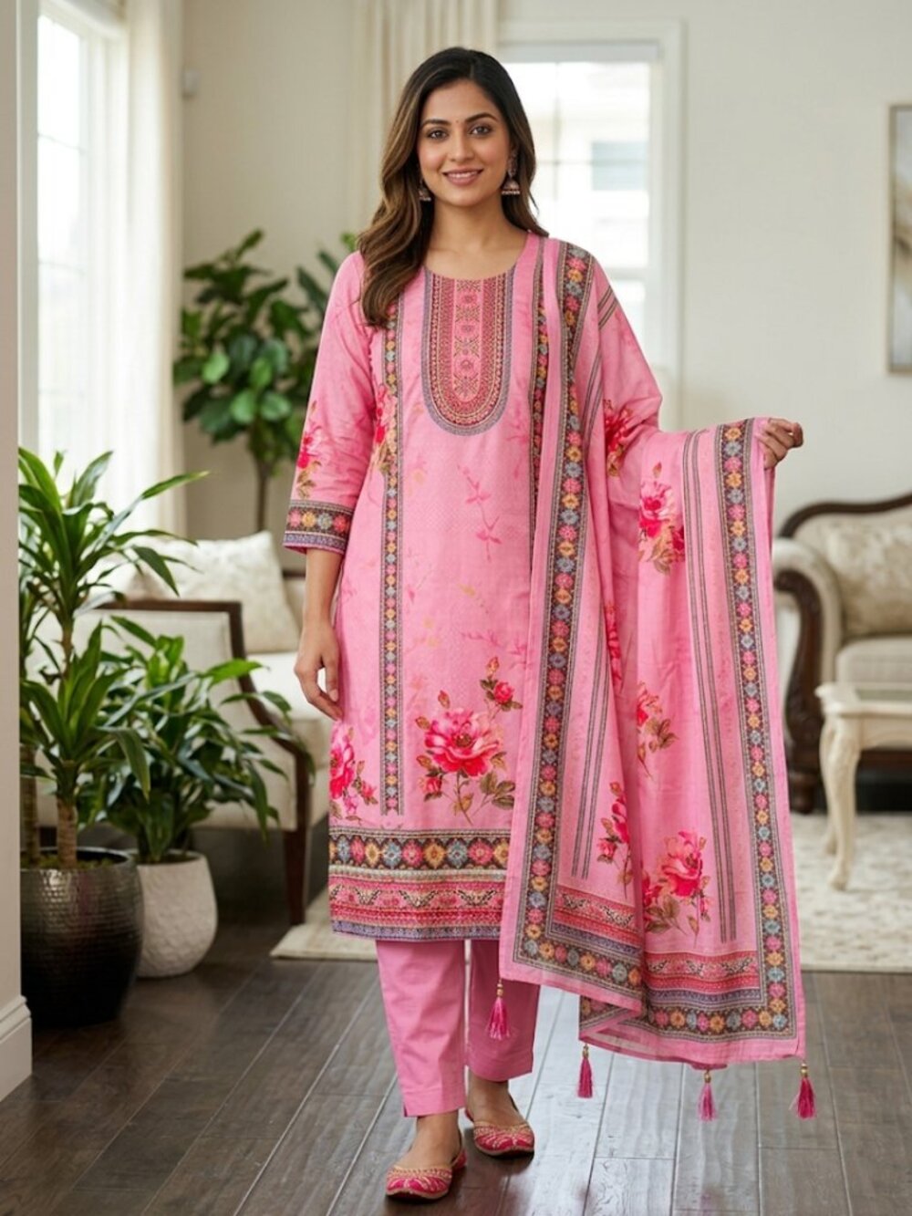 Women's 3-Piece Pink Floral Print Kurta Set, Traditional Ethnic Tunic Suit